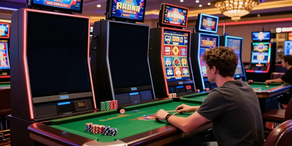 Player engaged with slots not on Gamstop in a vibrant casino scene