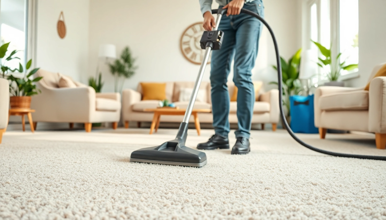 Professional carpet cleaning in Glasgow with a cleaner in a bright living room.