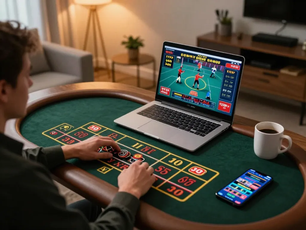 Engaging in live casino games on a laptop at home while strategizing at https://ok365.best/ for an immersive online gambling experience