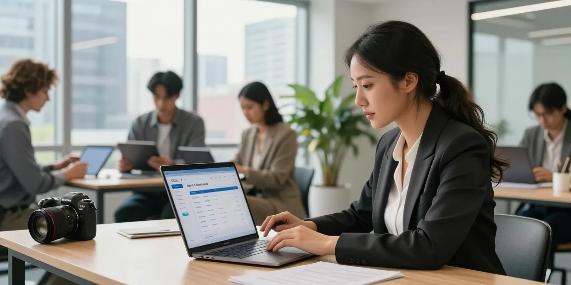 My O2 business login interface displayed on laptop amidst a professional office scene showcasing collaboration and productivity.