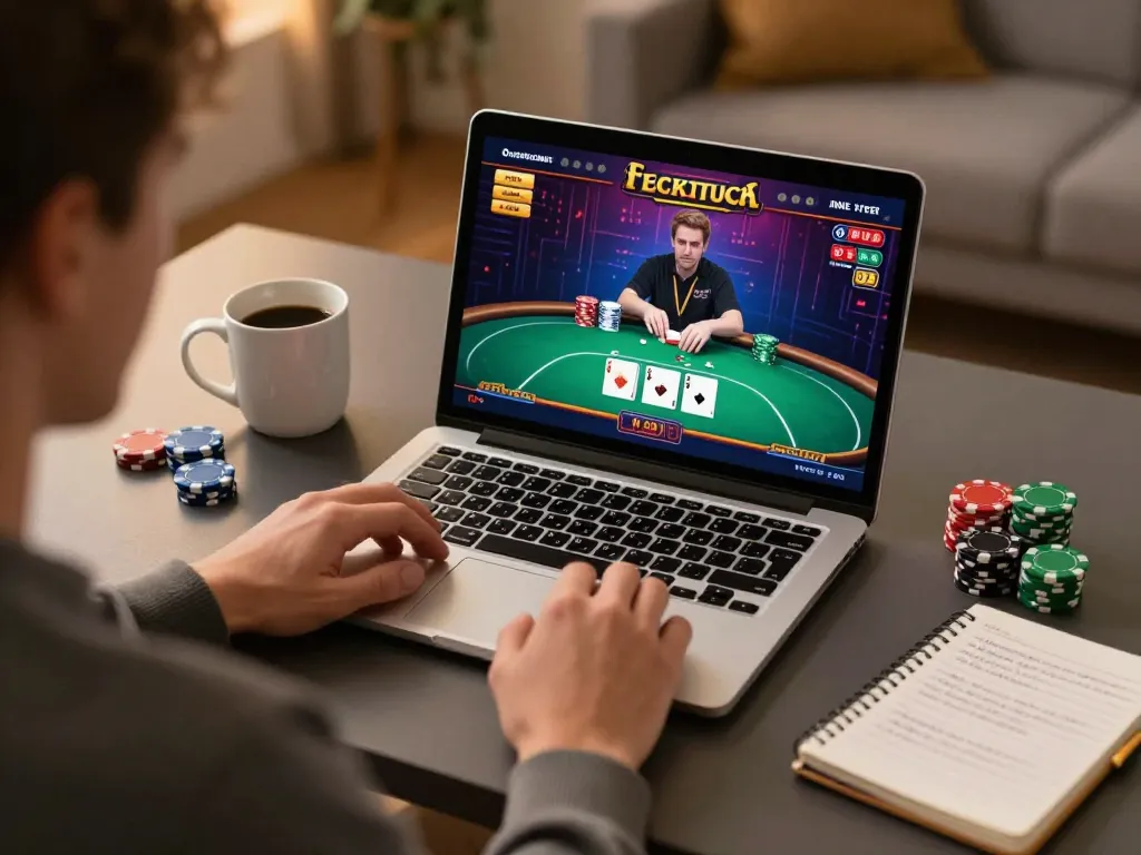 Player engaging in mn88 online poker game while surrounded by strategic notes and a warm coffee.