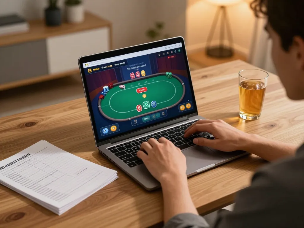 Engaging in online poker at home with uu88, warm atmosphere, and strategy notes.