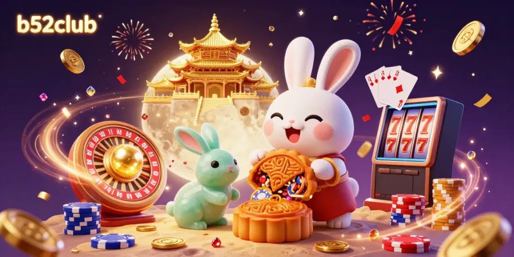 Join the b52club adventure as the moon rabbit reveals poker chips from mooncakes amidst dazzling casino elements.