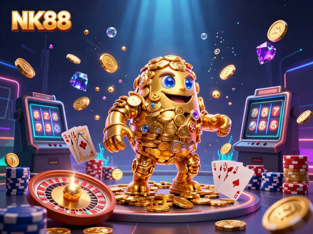 Engage with the vibrant casino world of NK88, featuring a dynamic golden golem amidst a cascade of dazzling games.