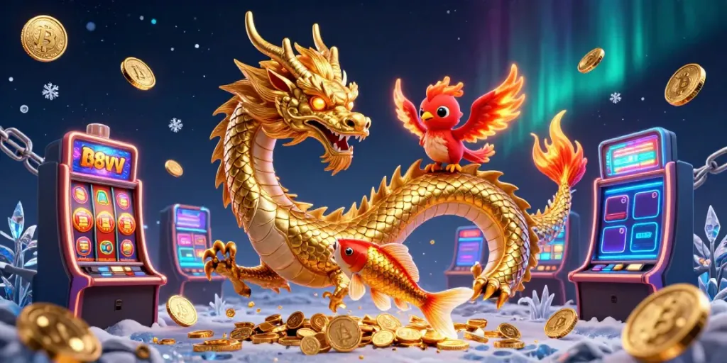 Experience the thrill of 88vv online casino with a dynamic scene featuring a Chinese dragon and a phoenix amidst vibrant gambling elements.