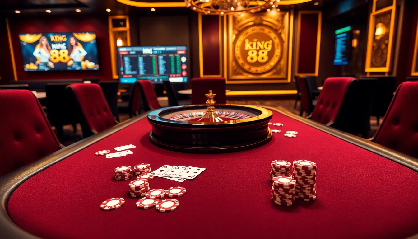 Experience excitement at king 88's luxurious casino with poker tables, chips, and roulette.