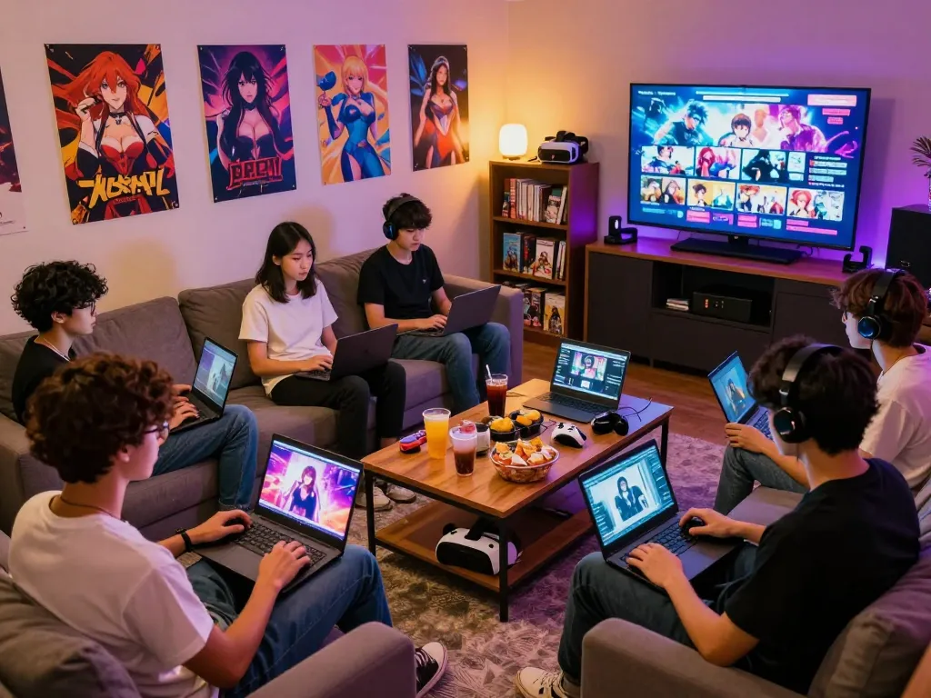 Friends enjoying various porn games on laptops and tablets in a cozy lounge setting.