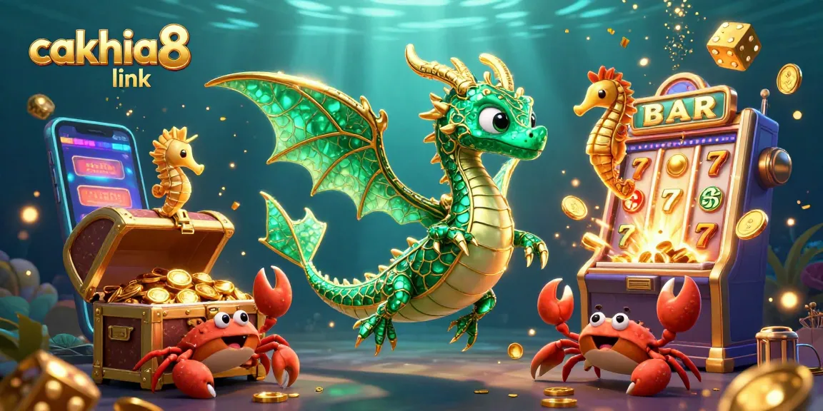 Experience the excitement of gambling at cakhia8 link with a vibrant underwater scene featuring a sea dragon, gold coins, and slot machines.