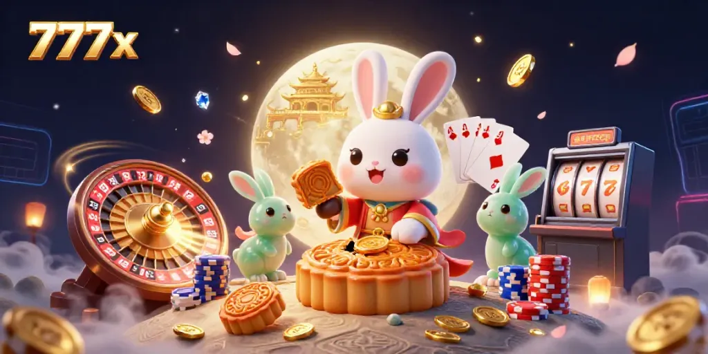 Experience the excitement at 777x with a whimsical scene of a moon rabbit celebrating with casino elements.
