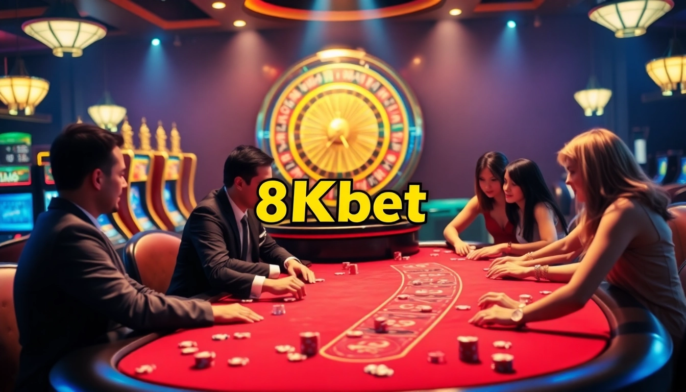 Experience thrilling poker action at 8kbet's luxurious casino table with vibrant slot machines.