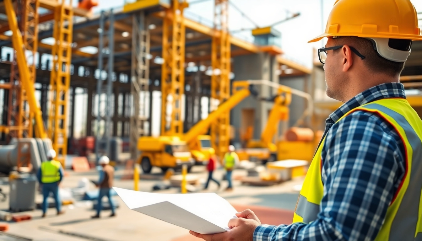 New Jersey Construction Manager directing a busy construction site with plans in hand.