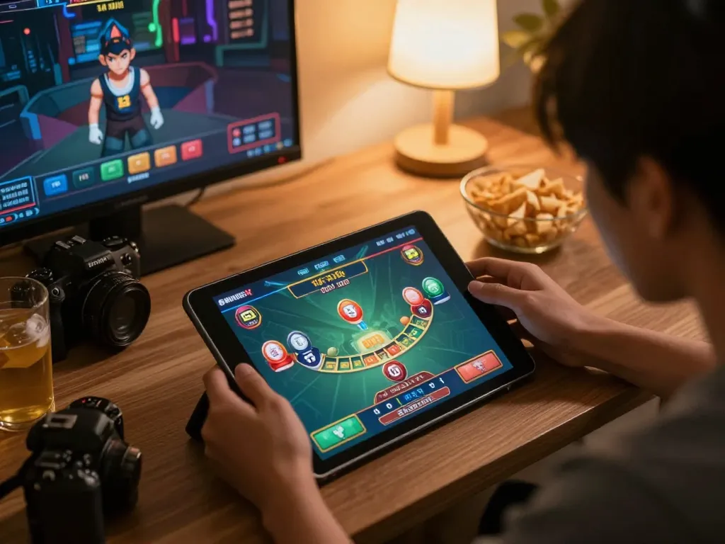Engaging player enjoying a tài xỉu online game on tablet with cozy home setup, illustrating gambling strategy.