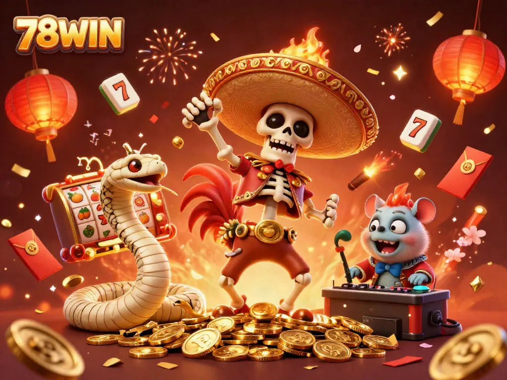 Celebrate big wins with 78WIN's vibrant casino scene featuring joyful characters and gaming elements.