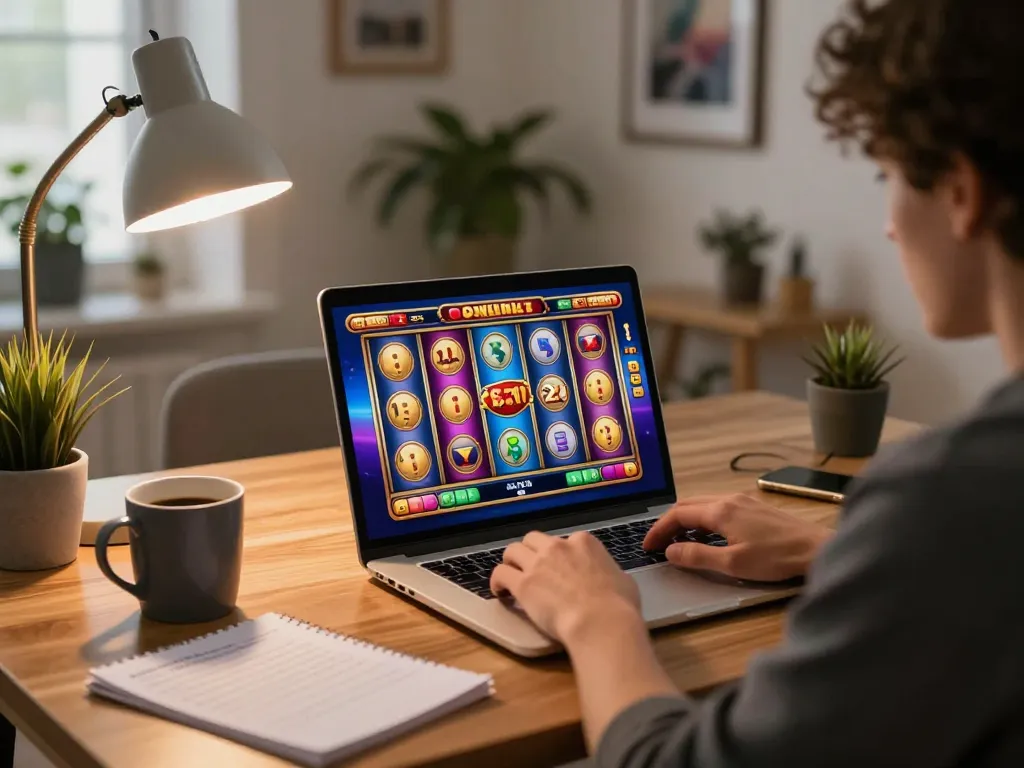 Kuwin player engaging with online slots at home, showcasing a winning experience in a cozy environment.