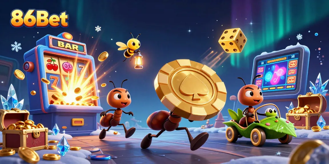 Engage in the excitement of 86Bet with dynamic ants heisting a golden poker chip amidst casino chaos.