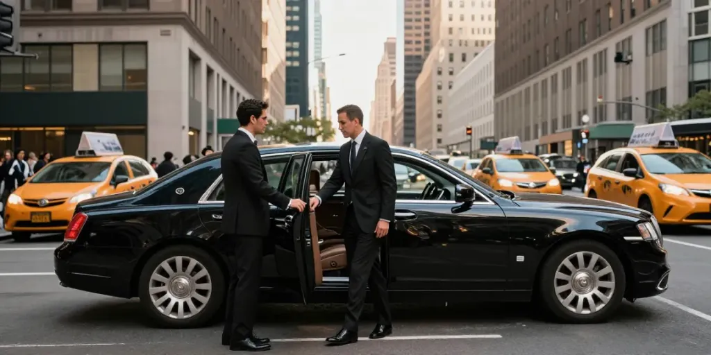 Premium car service NYC with a chauffeur opening a luxury sedan in a busy city setting.