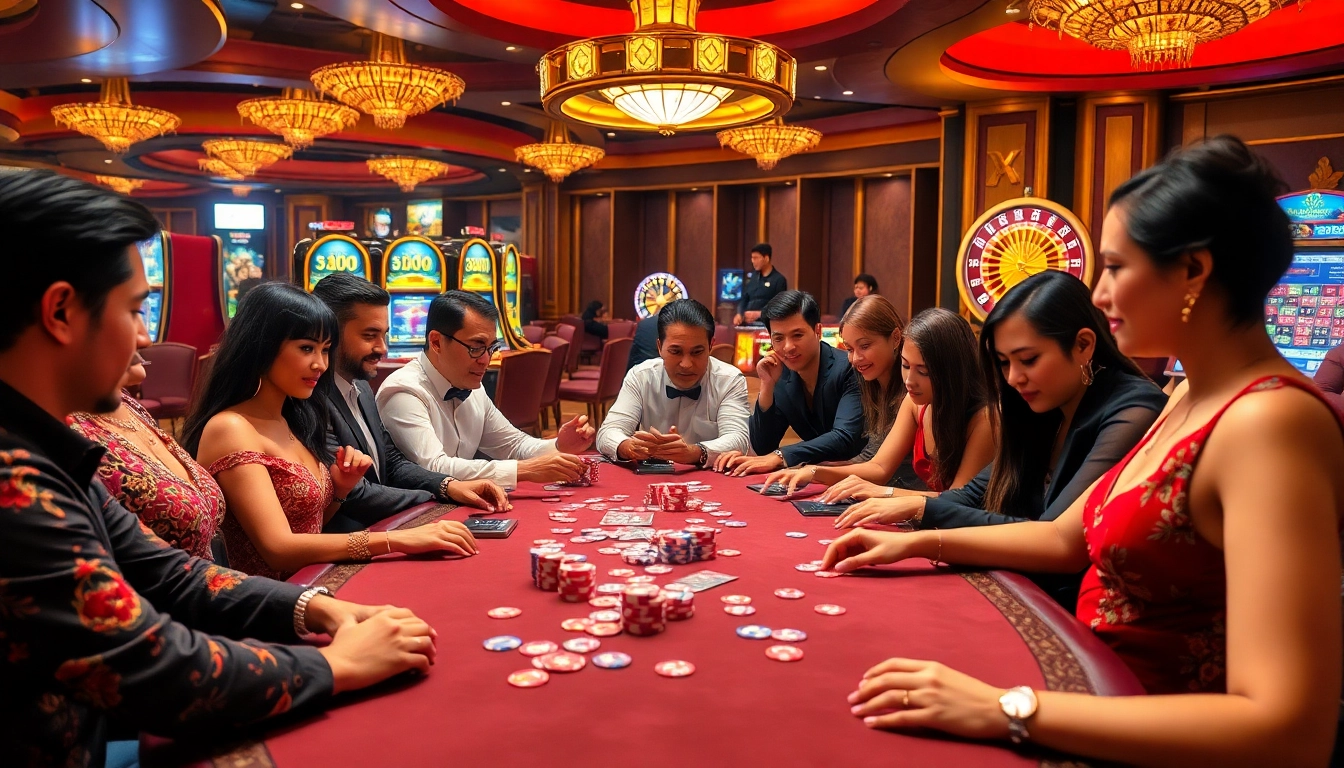 Players experience the thrill of XX88 at a luxurious poker table under vibrant casino lights.