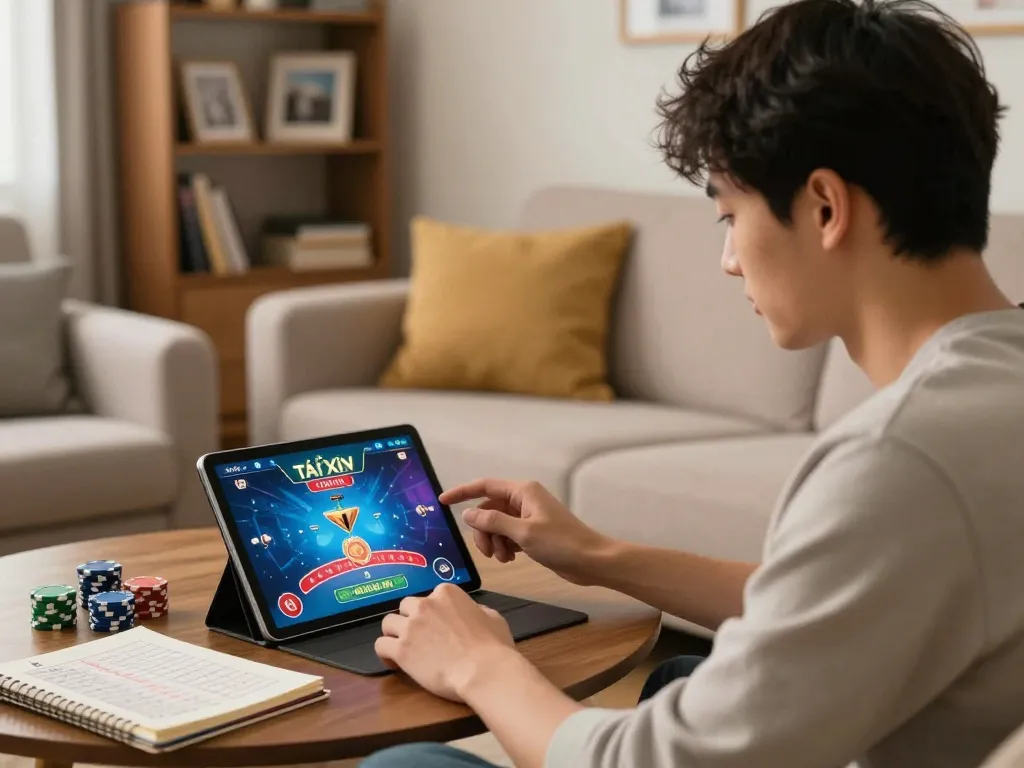 Tài xỉu online uy tín gameplay on a tablet amidst a cozy home environment with betting notes visible