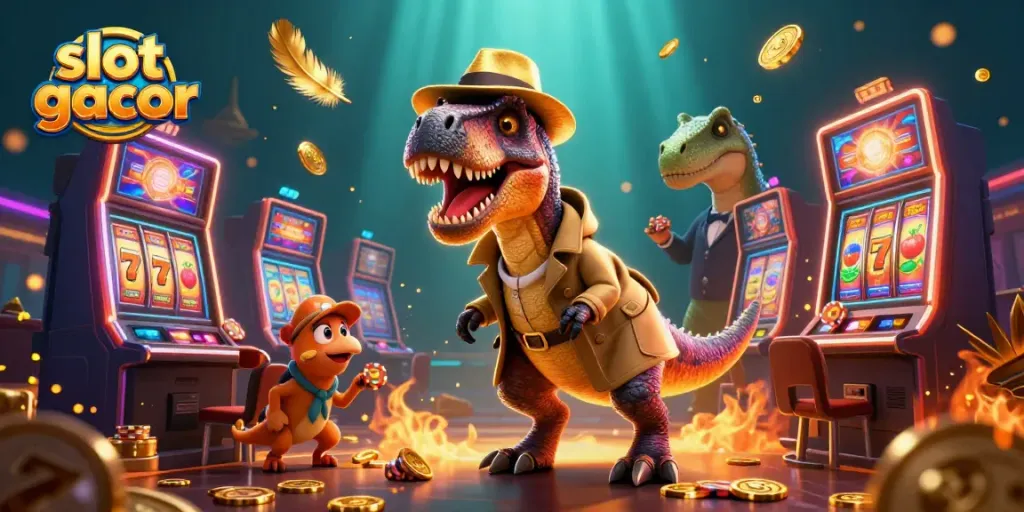 Experience thrilling slot gacor action with dynamic cartoon dinosaurs in a vibrant casino setting.