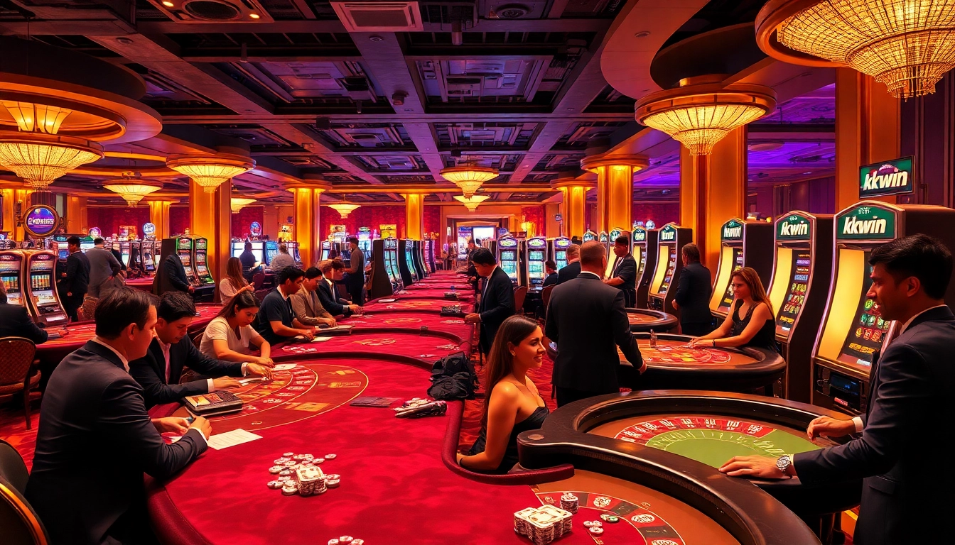 Players enjoying various games at kkwin's luxurious casino, featuring vibrant tables and slot machines.