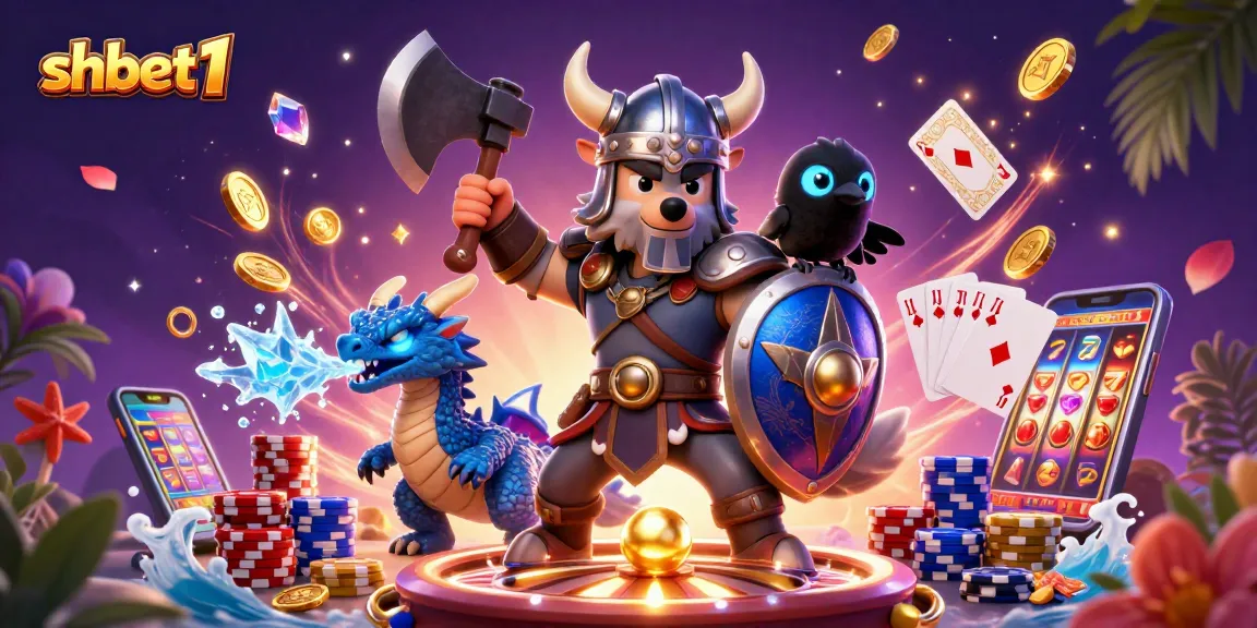 Experience thrilling adventures with the shbet1 Viking wolf warrior, miniature dragon, and cartoon raven in an exciting casino setting.