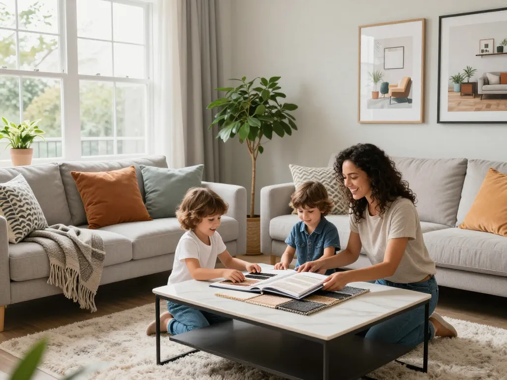 Residential carpet installation selection process in a cozy living room with family.