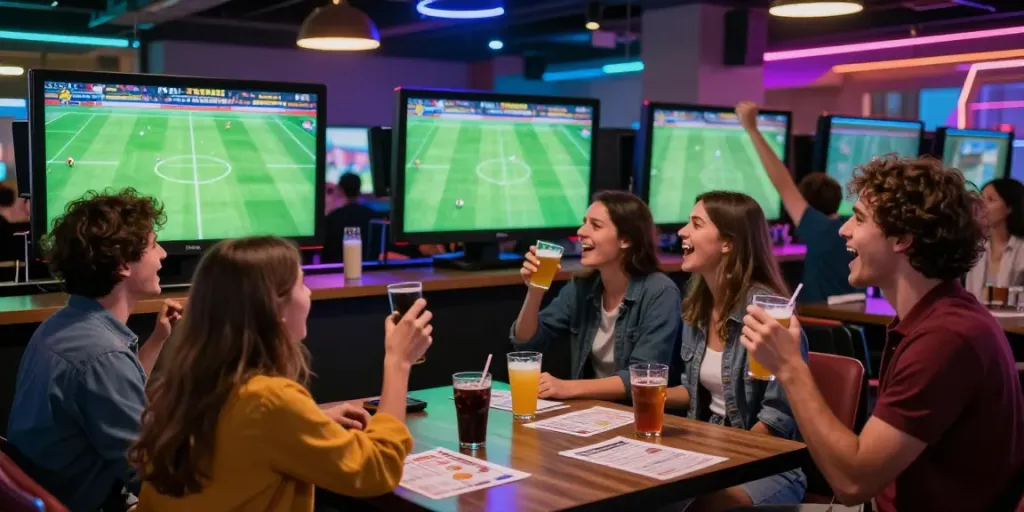 Exciting sports betting scene at VIN88 with friends celebrating a live match.