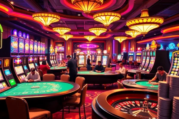 Players enjoying various games at Five88.foo casino, with vibrant slot machines and poker chips.