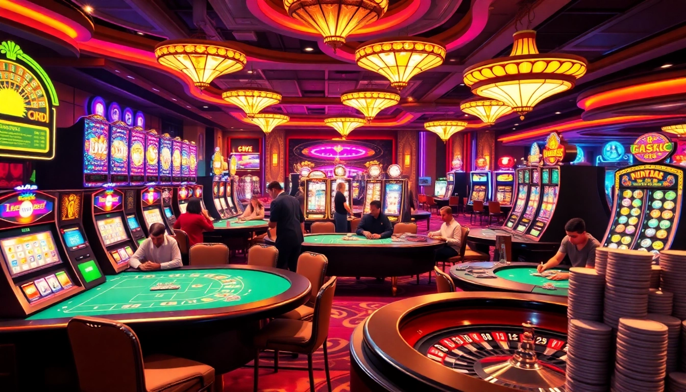 Players enjoying various games at Five88.foo casino, with vibrant slot machines and poker chips.