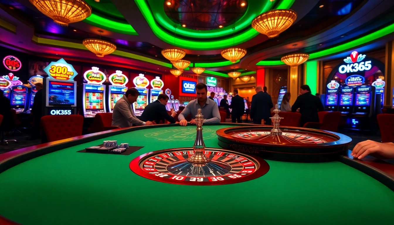 Players enjoying a thrilling game at the OK365 casino, surrounded by vibrant slot machines and a spinning roulette wheel.