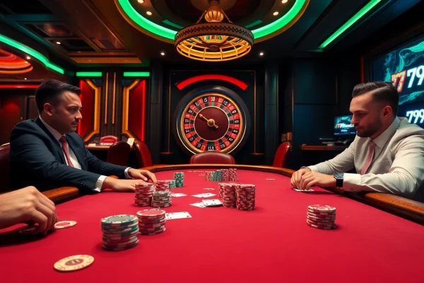 Experience the thrill of casino games with 79King, featuring poker tables, roulette wheels, and vibrant chips.