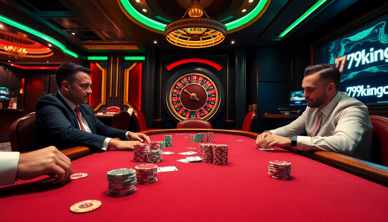 Experience the thrill of casino games with 79King, featuring poker tables, roulette wheels, and vibrant chips.