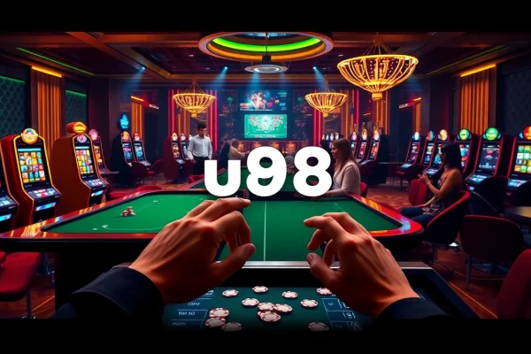 Engaging online gambling scene highlighting uu88 with casino tables, chips, and vibrant slot machines.