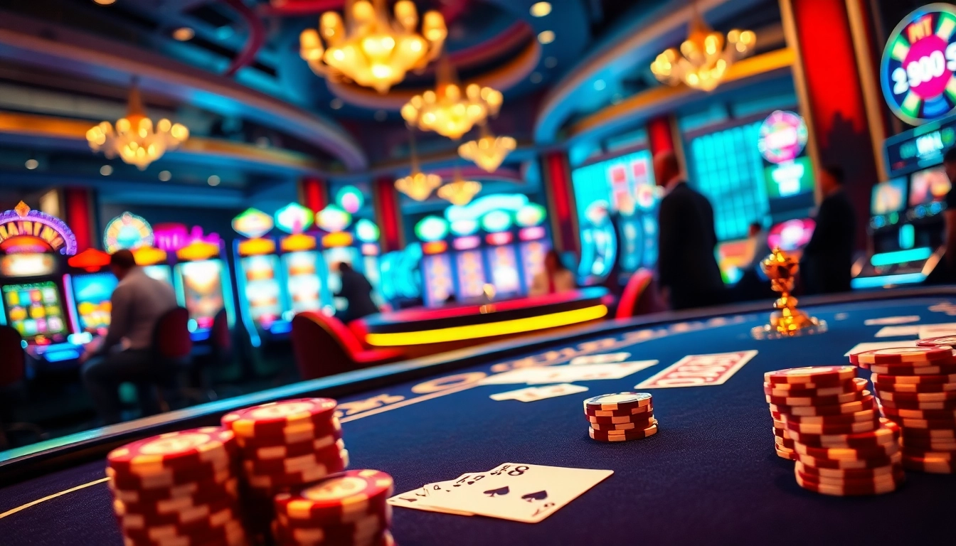 Players enjoying an exciting casino game with 88i poker chips and vibrant slot machines.