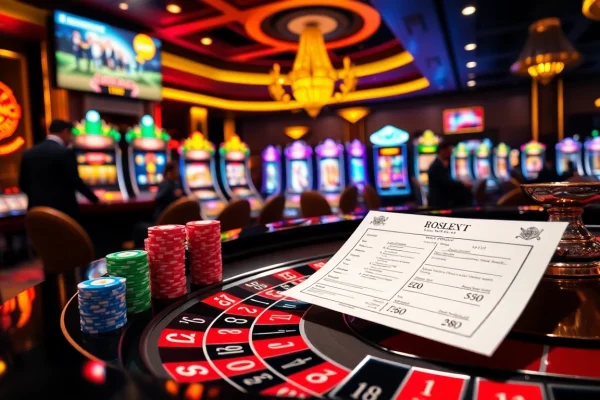 S88 gambling excitement portrayed with vibrant roulette tables and colorful poker chips in an elegant casino.