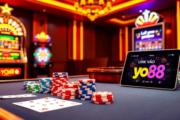 Engaging casino scene highlighting link vào yo88 with vibrant gaming elements like cards, chips, and a roulette wheel.