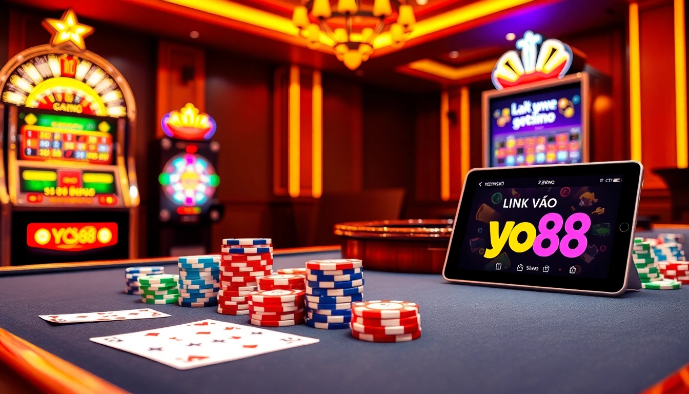 Engaging casino scene highlighting link vào yo88 with vibrant gaming elements like cards, chips, and a roulette wheel.