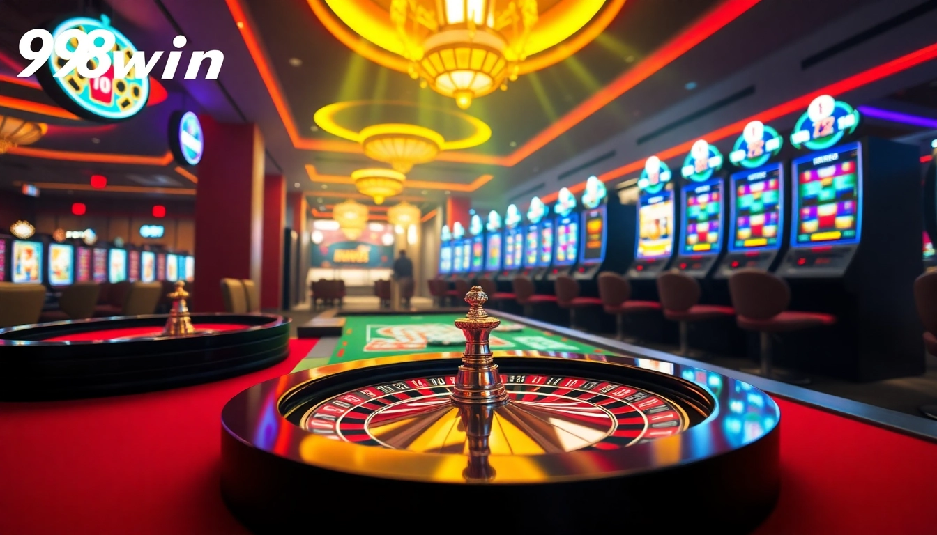 Engaging scene of 98win, showcasing vibrant casino games, including roulette and poker.