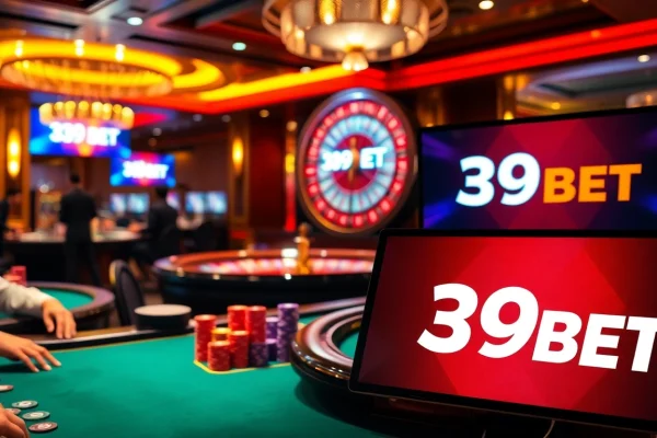 39BET poker players strategizing at a luxurious casino table with vibrant action.