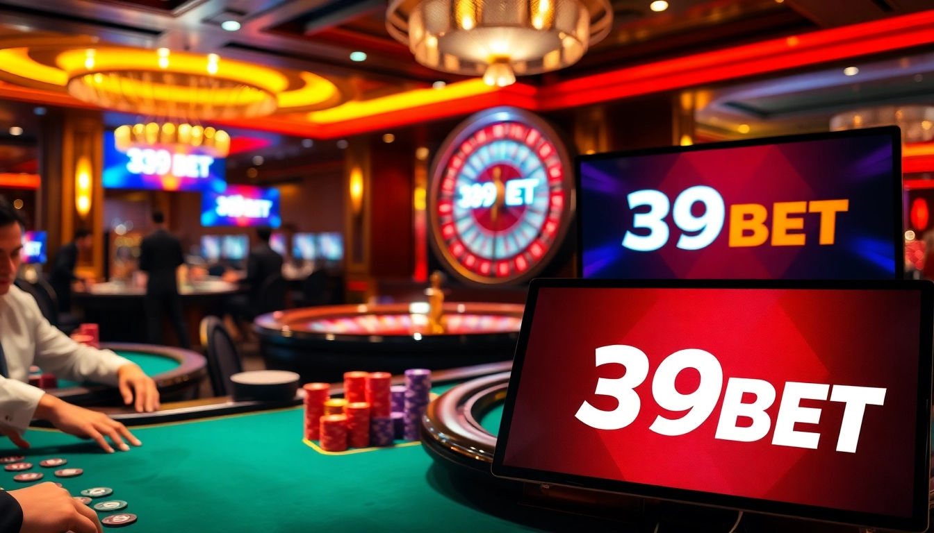 39BET poker players strategizing at a luxurious casino table with vibrant action.