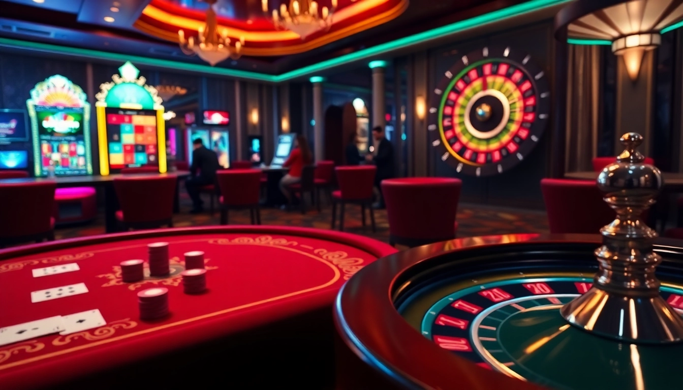 Exciting gameplay at the casino with 'okfun đăng nhập' showcasing poker chips and vibrant machines.
