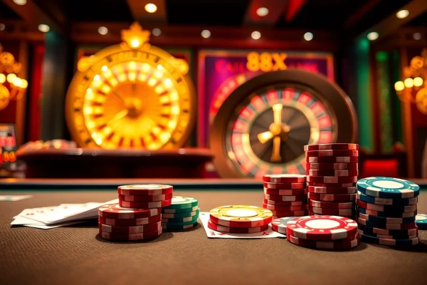 Experience the thrill of the 88xx win at a luxurious poker table with vibrant colors and dynamic gameplay.