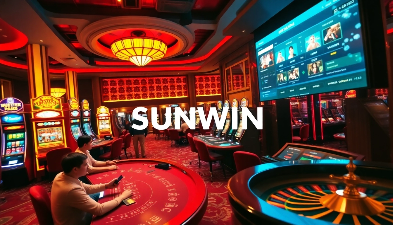 SUNWIN casino scene with vibrant gaming tables, players, and a roulette wheel.