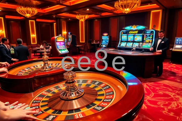 Engaged players at an exciting casino scene showcasing ee88e with roulette, poker chips, and slot machines.