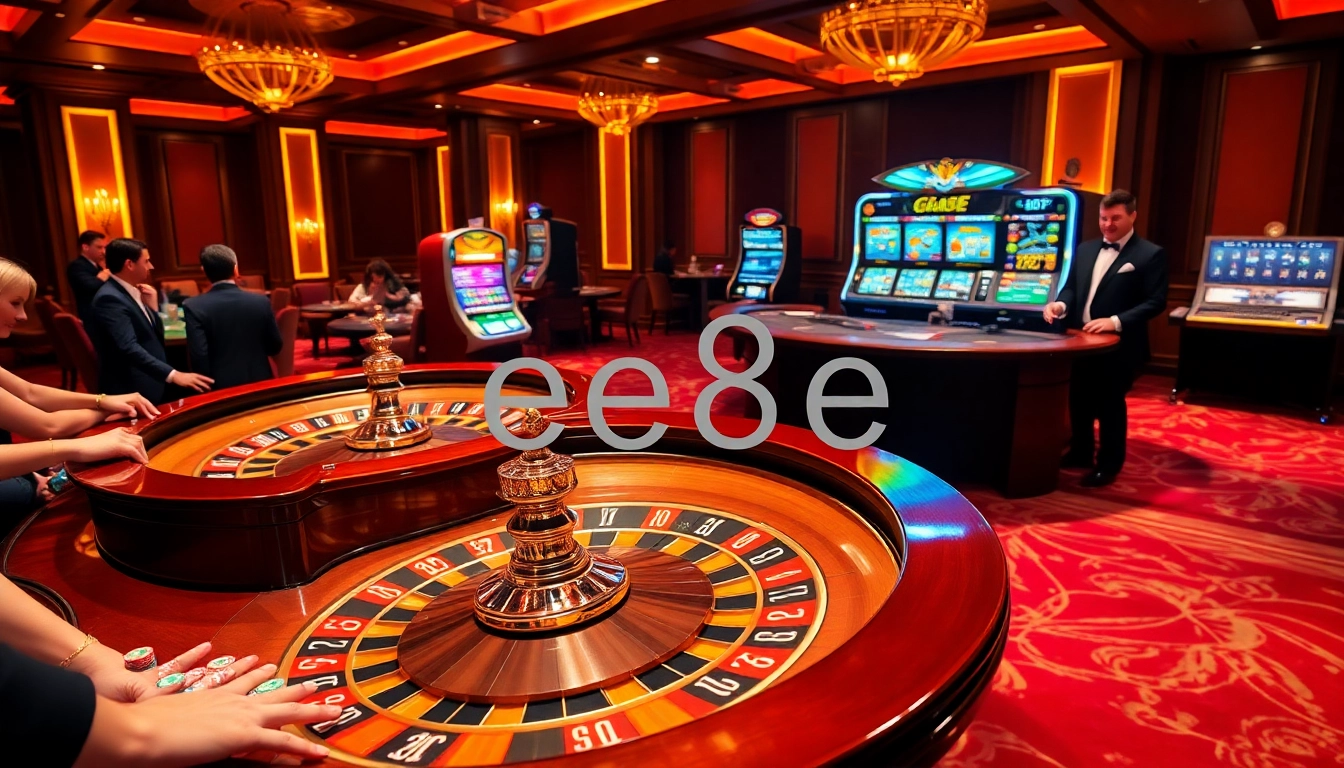 Engaged players at an exciting casino scene showcasing ee88e with roulette, poker chips, and slot machines.