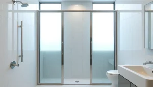 Showcasing sliding shower doors in a modern bathroom with elegant design features and natural lighting.