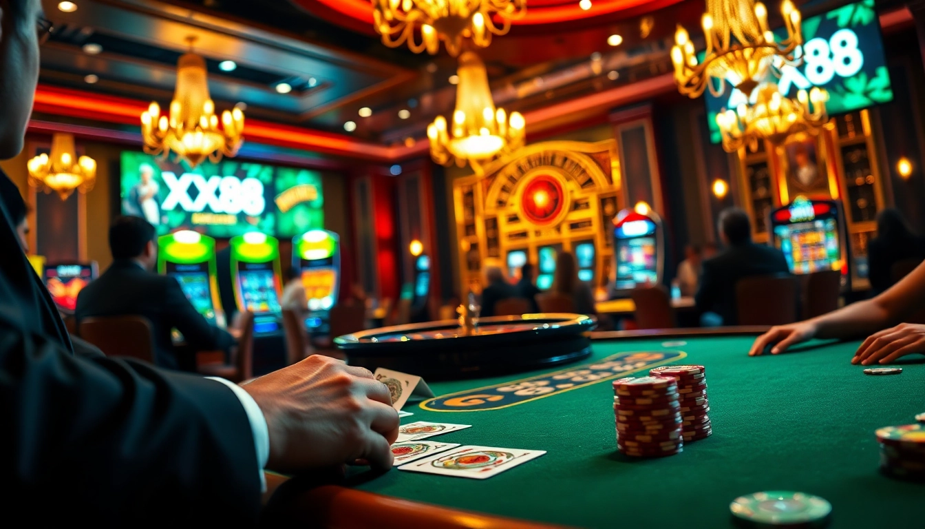 Intense poker game with players at the XX88 table and vibrant casino atmosphere.