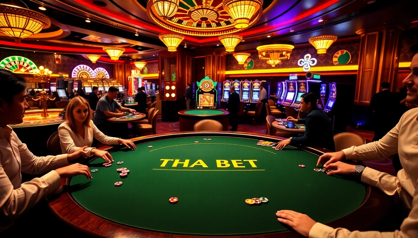 High-stakes players enjoying THA BET at a luxurious poker table in a vibrant casino setting.