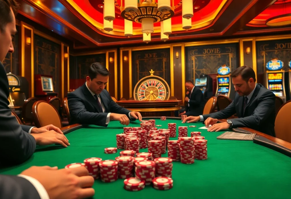 High-stakes poker action at a luxurious casino with chips and cards, highlighting https://www.bdjl.win/.