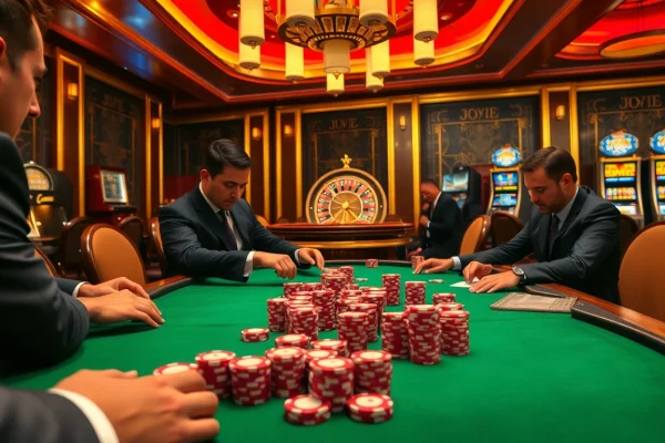 High-stakes poker action at a luxurious casino with chips and cards, highlighting https://www.bdjl.win/.